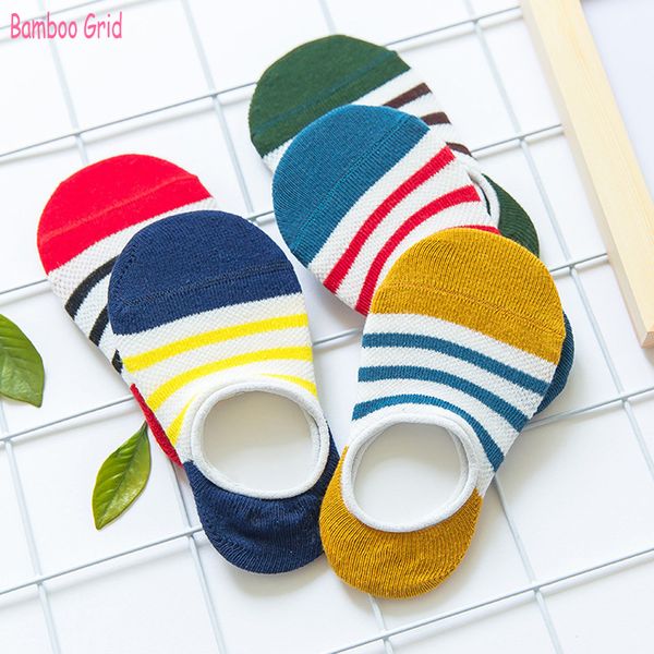 

3-11 years children socks new summer 5 pairs / lot cotton mesh boat socks three horizontal lines pattern kids socks, Pink;yellow
