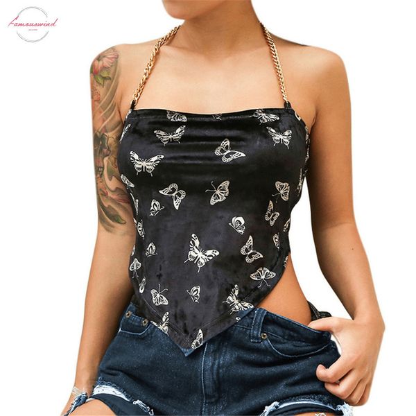

women halter crop summer chain around slash neck butterfly print bellyband short tank beach wear 2020 new, White