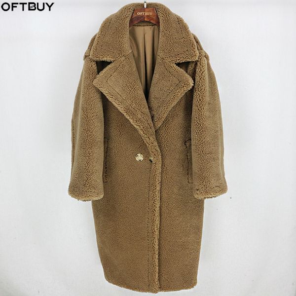 

real fur long coat winter jacket women 100% wool content woven fabric thick warm loose outerwear oversize streetwear teddy cozy, Black