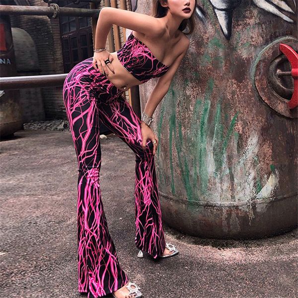 

womens designer two piece pants fashion geometric printed 2pcs strapless crop long pants womens sets, White