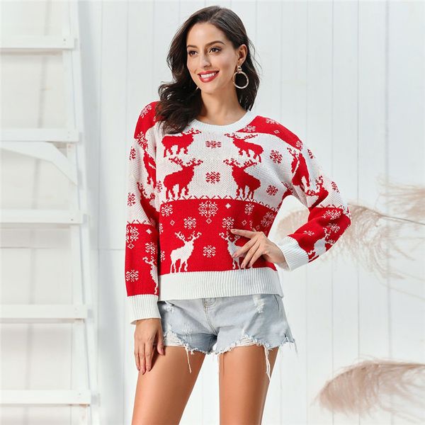 

women christmas sweater geometric pattern o-neck pullover elk snowflake 2020 new year clothes pull femme hiver truien dames, White;black