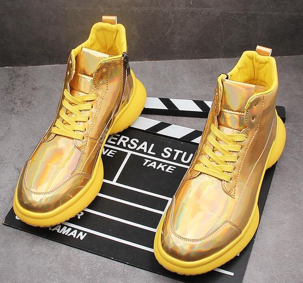 

2020 new trend men colorful mirror reflective hip-hop casual shoes sneakers male high- thick bottom flats loafers skateboard, Black