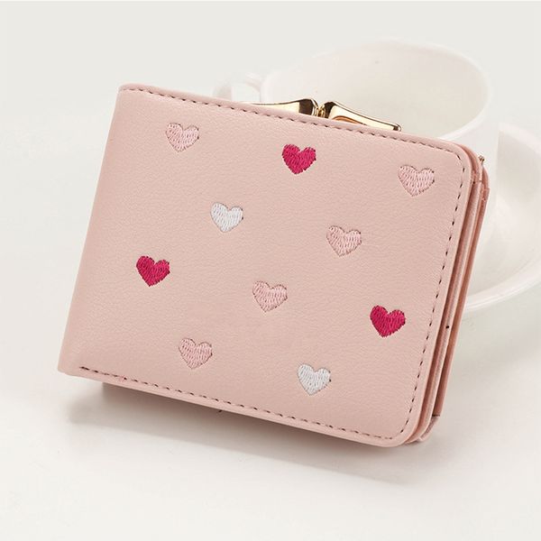 

japanese multi-function women's mini wallet candy color heart-shaped embroidery women short wallet cute coin purse card package, Red;black