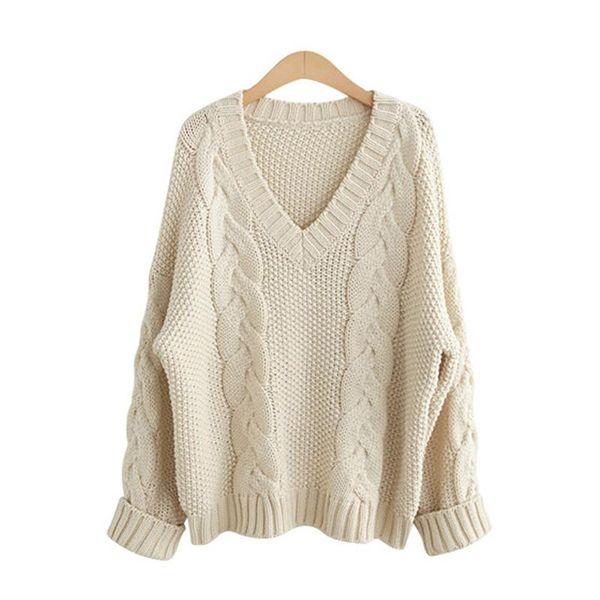 

women spring vintage warm long sleeve loose sweater oversized casual v neck solid knitted pullover, White;black