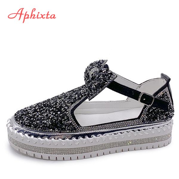 

aphixta big size 43 buckle sequined leather shoes women flats bling bow loafers platform shoes bling flat with students flats, Black