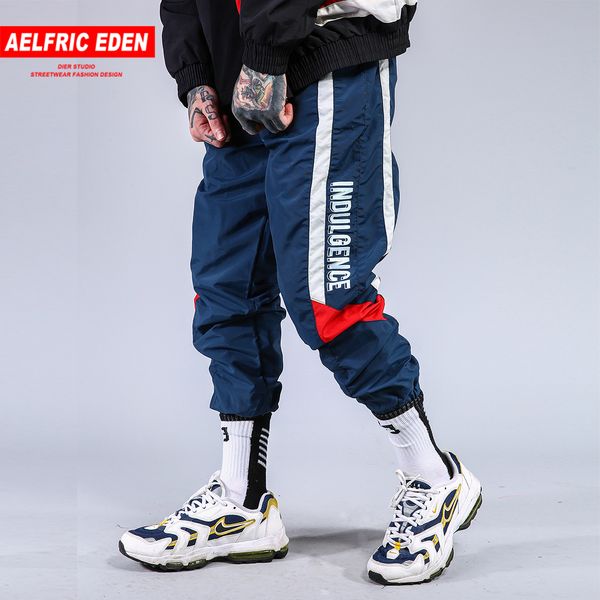 

aelfric eden hip hop joggers streetwear japan style men casual track pants letter print color patchwork loose harem jogger kj133, Black