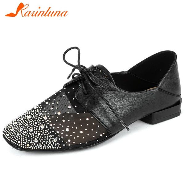 

karin new arrivals 2020 genuine cow leather crystal shoes woman flats female lace up spring/autumn casual flats women shoes, Black
