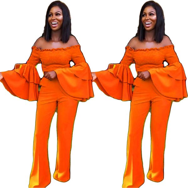 

твердая slash шею длинным рукавом two piece set каскадные рябить рукав плеча женщины tracksuit bodycon длинные брюки женские костюмы dan-27, Gray