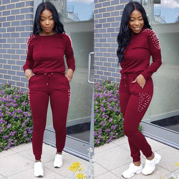 

long sleeve pencil pants 2pcs sets womens tracksuits females clothing pearl decoration womens designer tracksuits casual, Gray