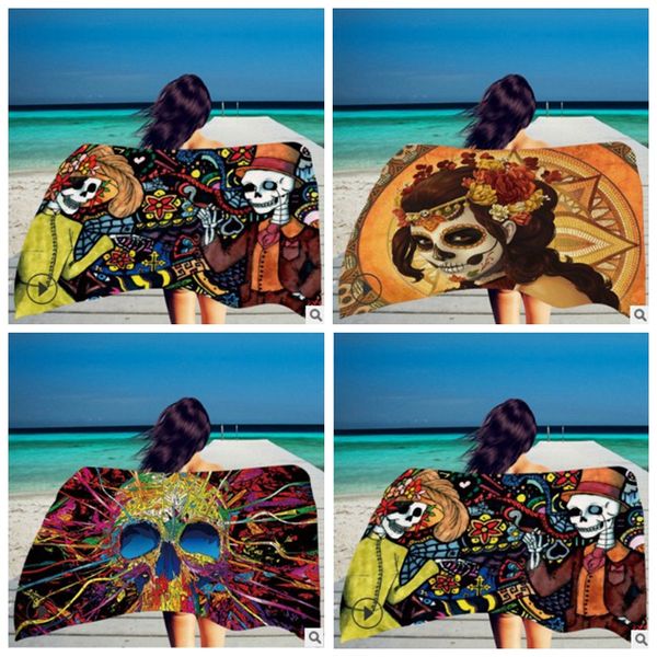 

square print 150*75cm beach towel skeleton head towel superfine fiber with tassel color soft hand dhl free
