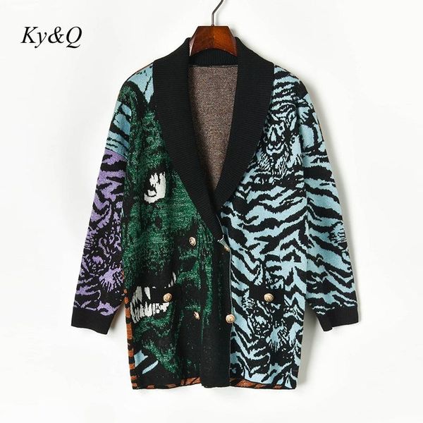 

brand 2019 women contrast color tiger jacquard double-breasted lapel leopard sweater cardigan outwear christmas, White