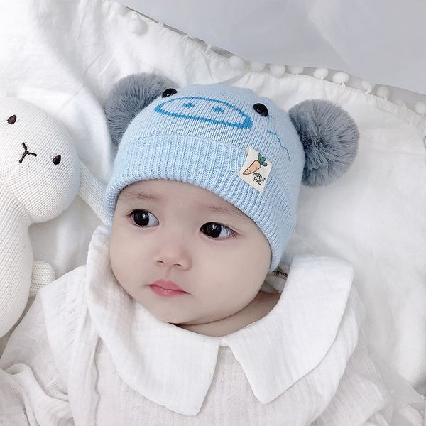 

cysincos children's hat autumn winter new coarse knit hat pig-shaped baby dome ball cap elastic cotton knit earmuffs newborn, Yellow