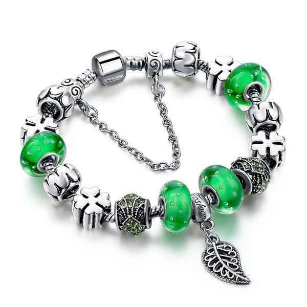 

attractto fashion green leaf charm bracelets&bangles green murano glass beads silver bracelet for women pulseras mujer sbr160236