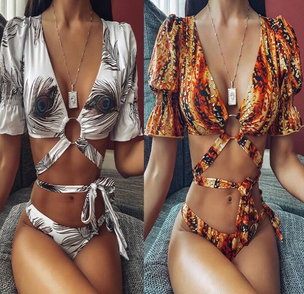 

bikinis set leopard high waist print hanging neck snake fringe v-neck joint swimwear women's split swimwear short sleeve high neck one