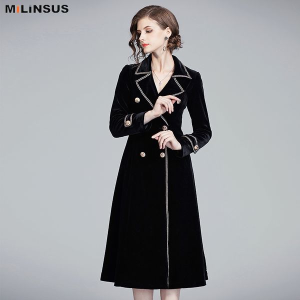 

vintage double breasted black trench coats women gold line brand slim long trench female outwear solid dress winter 2019, Tan;black