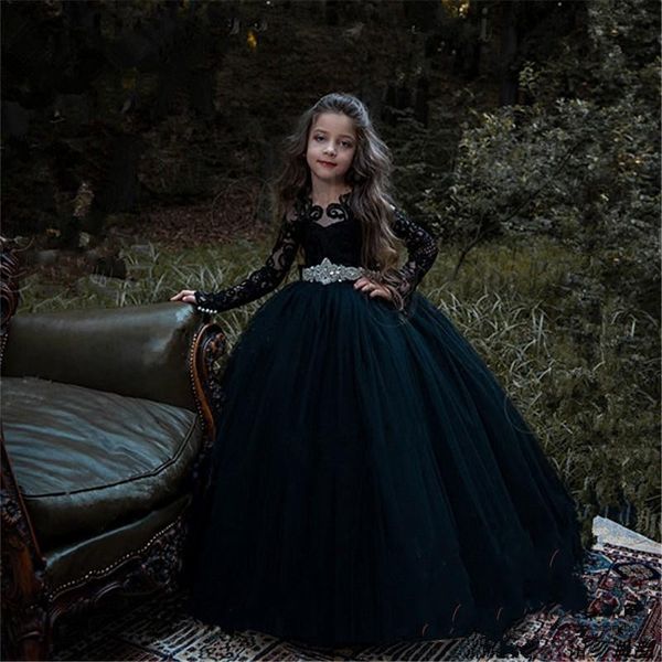 

long sleeves black flower girl dresses wedding applique jewel crystal sash big bow cute kids formal wear floor length ball gown, Red;yellow