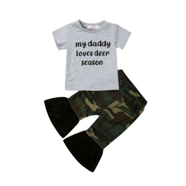 

us summer toddler kids baby girl t-shirt flare camo pant outfits set clothes, White