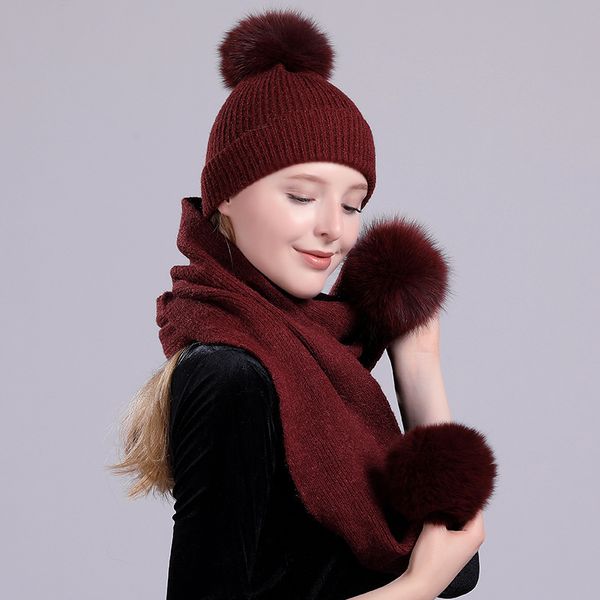 

maxi dhl shipping plain cashmere blending fox fur ball decoration knit hat and scarf set fashion warm headgear joker casual cap muffetee, Blue;gray