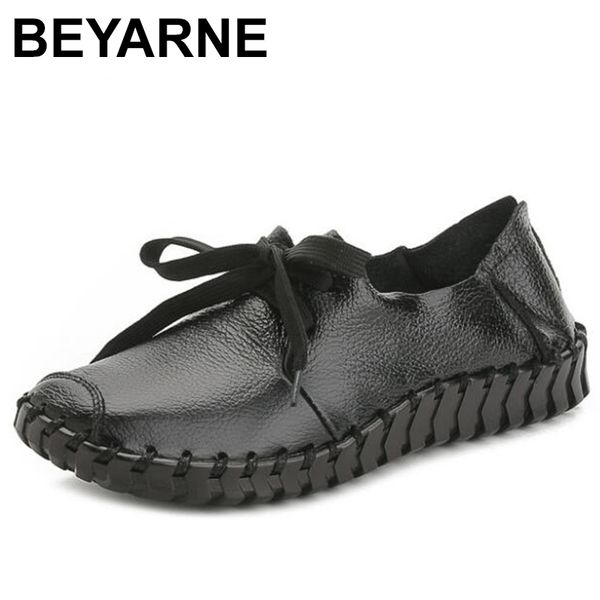 

beyarne2020new spring and autumn summer handmade lace retro genuine leather shoes woman soft comfort flat casual shoes black