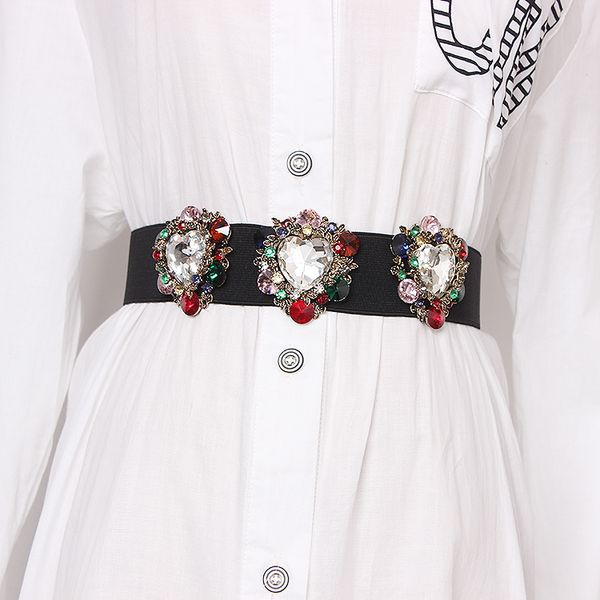 

high end flower crystal gem women waist belts elastic waistband rhinestone corset strechy summer dress belts new, Black;brown