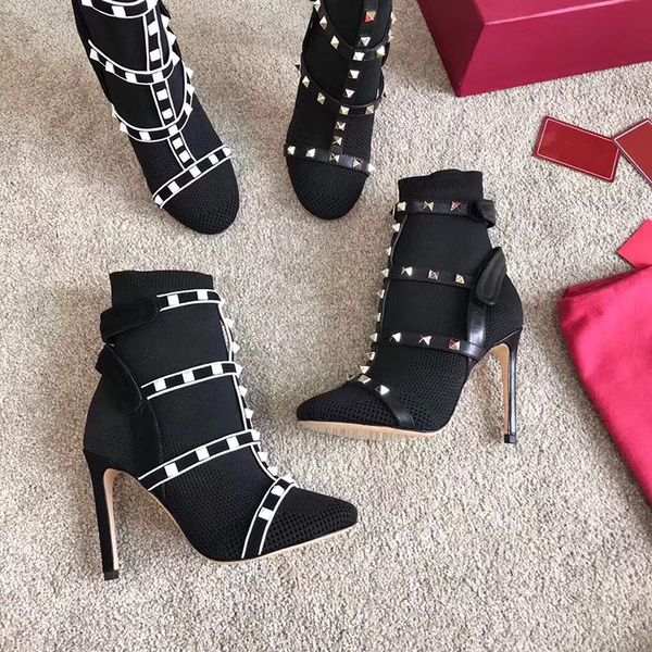 

fashion studs sock boots ladies work ankle boots with leather straps 105mm high heel shoes christmas gifts with box us 4-10, Black
