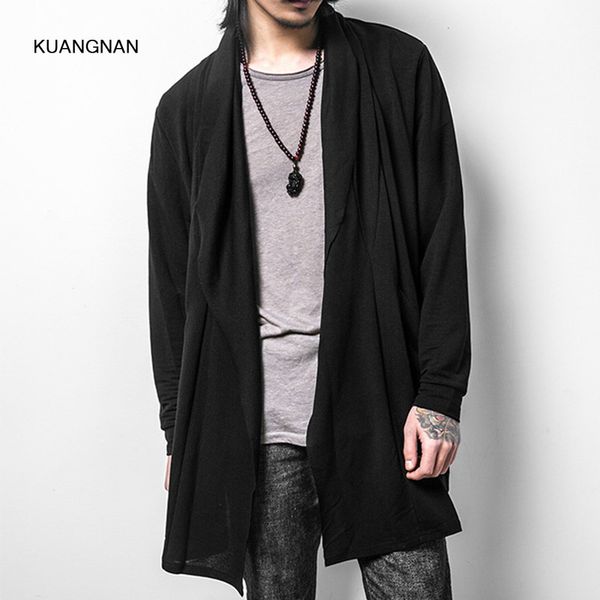 

men trench coat long thin casual cardigan jacket cotton male fashion long sleeve loose outerwear trench, Tan;black