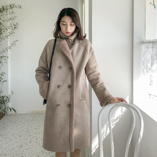 

winter suede coat women's lapel fur one loose long coat, Tan;black