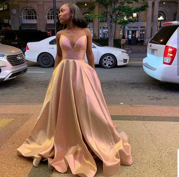 

simple champagne a line long prom dresses new spaghetti v neck sweep strain sleeveless formal evening dress party gowns, Black