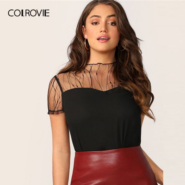 

colrovie black vine mesh yoke trim блузка женщины 2019 лето сексуальная одежда с коротким рукавом блузки дамы твердые стенд воротник топы, White