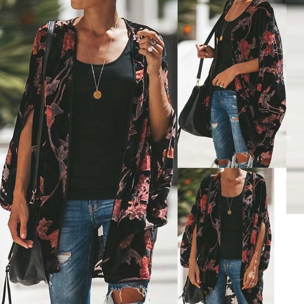 

2019 new explosion women fashion western style womens fashion chiffon autumn flower print bats sleeves long clothes, Black;brown