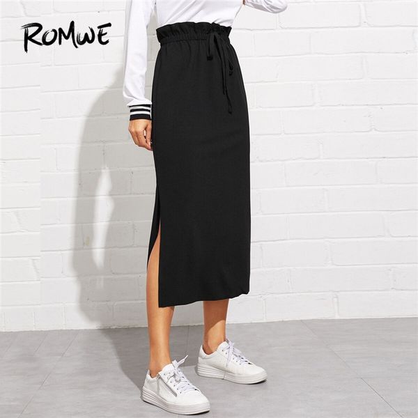

paperbag waist split side midi skirts womens casual high waist skirts autumn long black skirt minimalist ladies