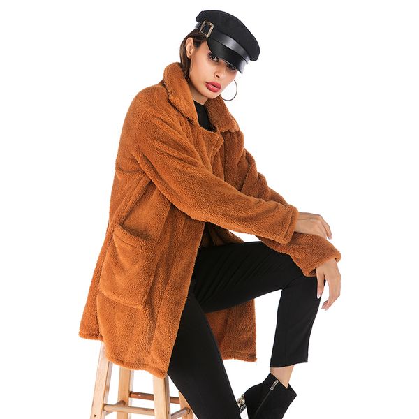 

autumn winter open front turn down collar lapel neck pockets long sleeve polar fleece women's faux fur fuzzy long cardigan outwear coat, Black
