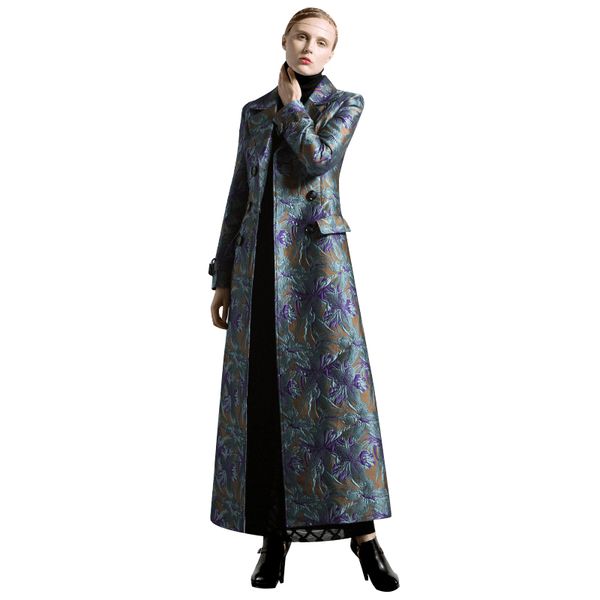 

s-xxxl autumn winter jacquard long coat florals plus size luxury trench women double breasted muslim style outwear coat, Tan;black