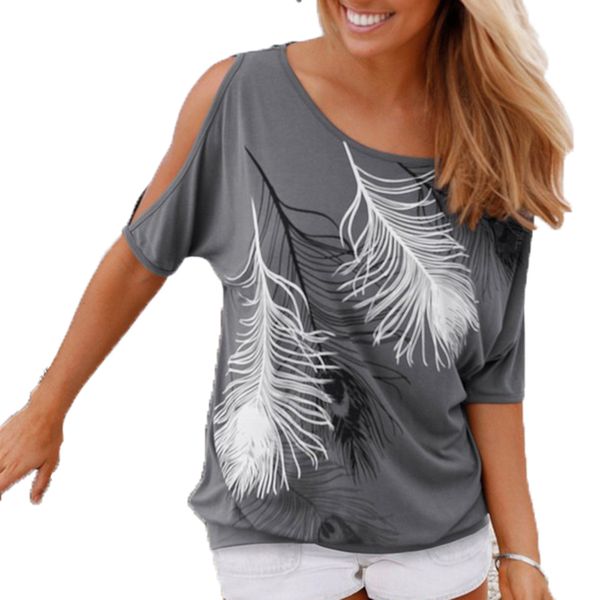 

summer women feather printed t-shirts o- neck strapless shirts off shoulder short-sleeved t-shirt loose type, White