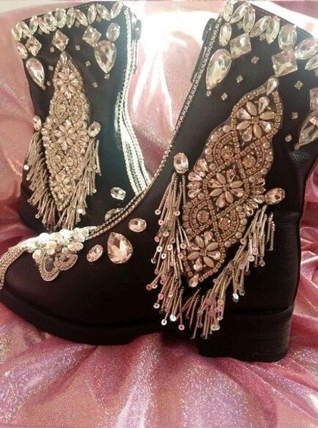 

chunky heel chunky heel zip fringe studded jewellery stone lace leather boots, Black