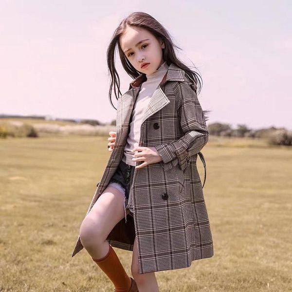 

2019 new girls autumn long coat kid's 4-15 years outerwear clothes girls children casual turn-down collar plaid jackets, Blue;gray