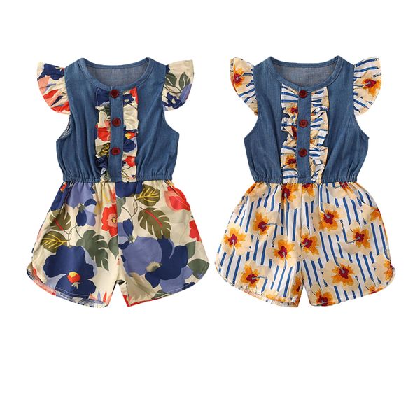 

floral denim summer sleeveless round neck jumpsuit playsuit clothing outfits cute toddler infant newborn baby girls romper, Blue