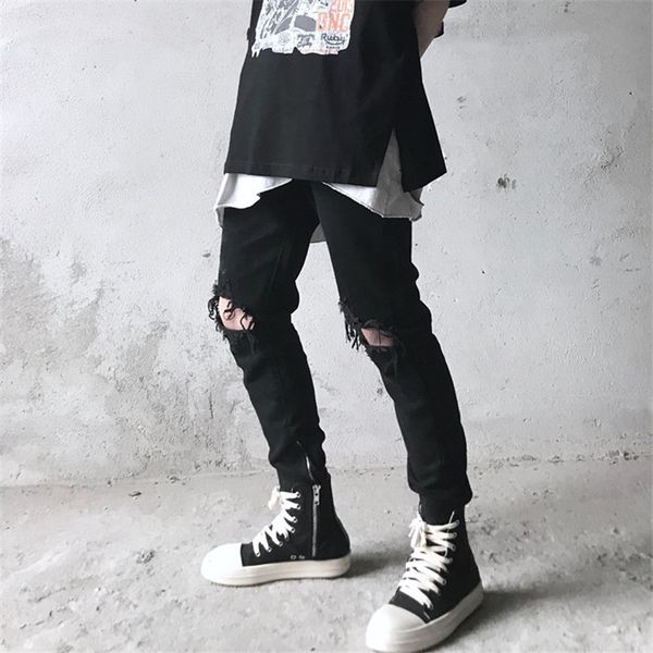

mens designer black jeans fashion hole slim skinny long pants mens zipper pencil pants, Blue