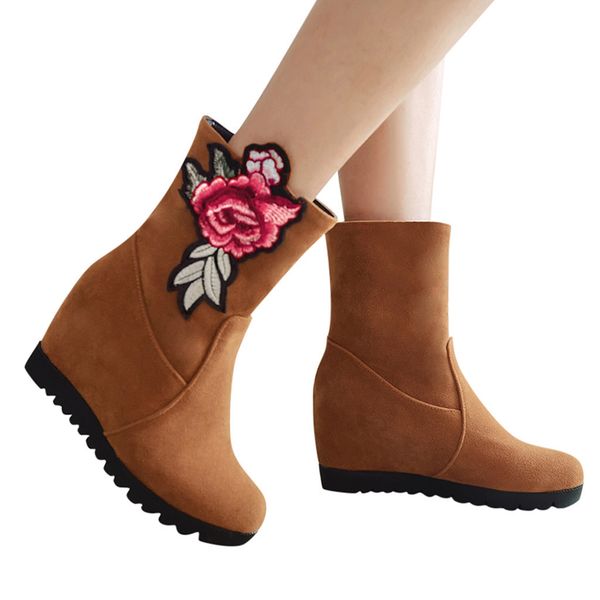 

winter women wedges shoes retro embroidery ladies boots wild short plush short boots sapato feminino confort vel#g35, Black