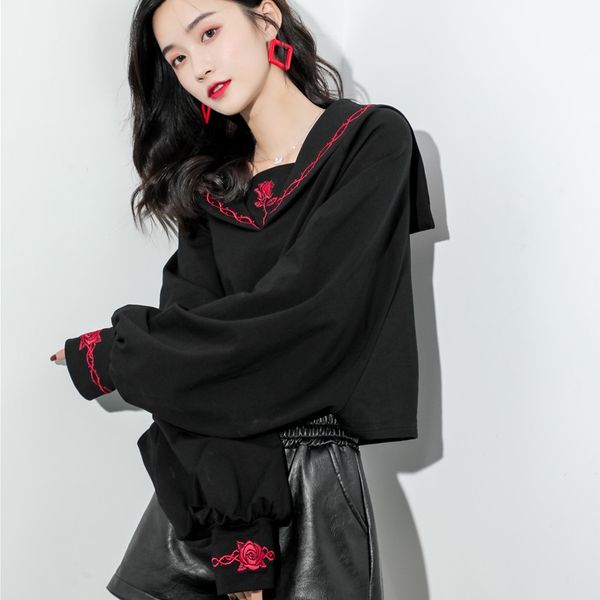 

autumn 2019 winter oversized hoodie women harajuku korean style fashion retro flower embroidery rose black sweatshirt women