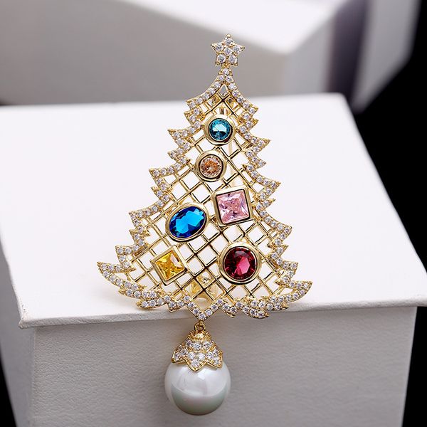 

wholesale-designer pearl brooch christmas tree pin for women with cubic zirconia fashion jewelry female christmas gift, Gray