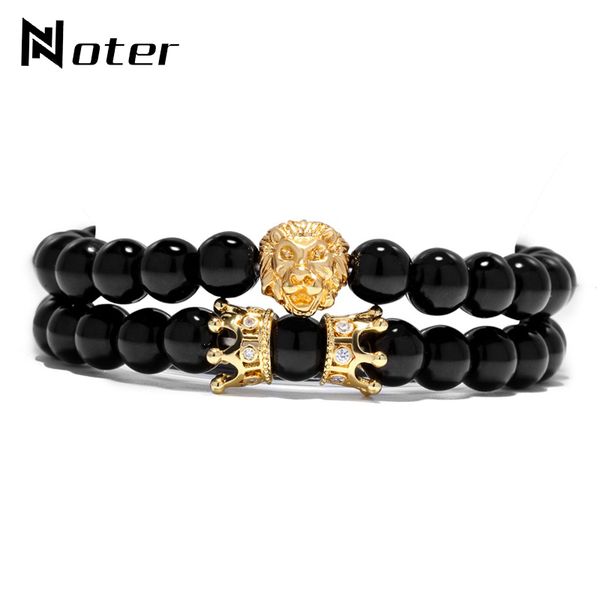 

noter 2 pcs/set crown lion bracelets sets black natural stone animal king lion couple braclet for men hand jewelry pulseira
