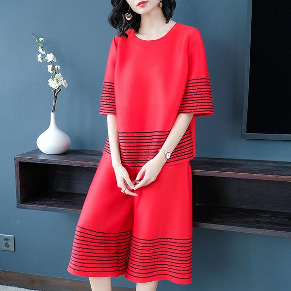 

lanmrem 2020 new spring round collar short sleeve stripe t-shirt elastic wide leg pants women vintage pleated set tide pd770, White