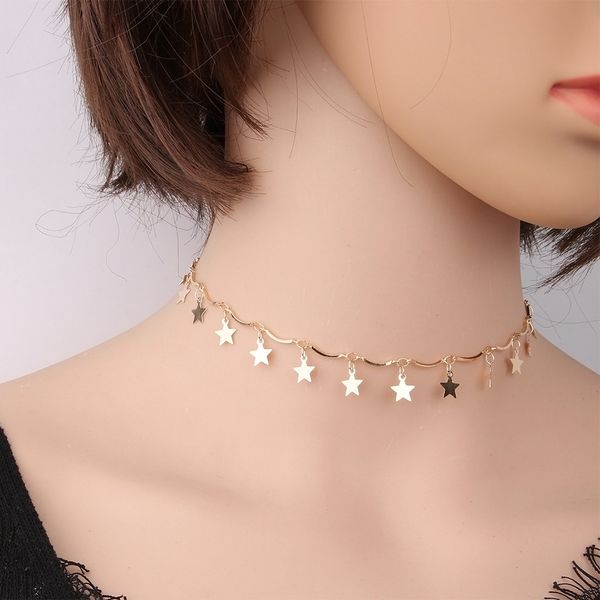 

european and american fashion simple necklace chain golden five-pointed star necklace clavicle chain accessories, Golden;silver