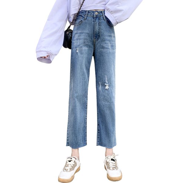 

women hole jean pants 2020 high waist ropa mujer jeans clothes fashion solid blue denim flare pant fashion trousers p9334