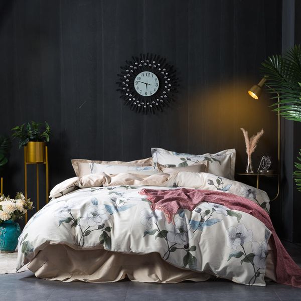 

new 100s sanding egyptian cotton bedding set flowers digital printing duvet cover bed sheet fitted sheet pillowcases 4pcs