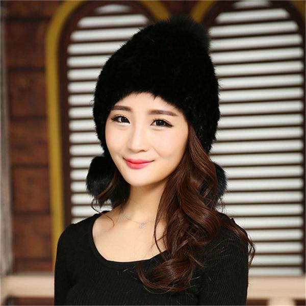 

new style womens real mink fur hat knitted beanie earmuffs w real fox fur ball cap, Blue;gray