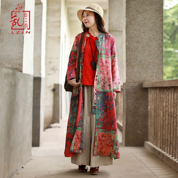 

lzjn long trench coat for women 2019 spring autumn chinese overcoat leaves cotton linen duster cardigan ethnic maxi windbreaker, Tan;black