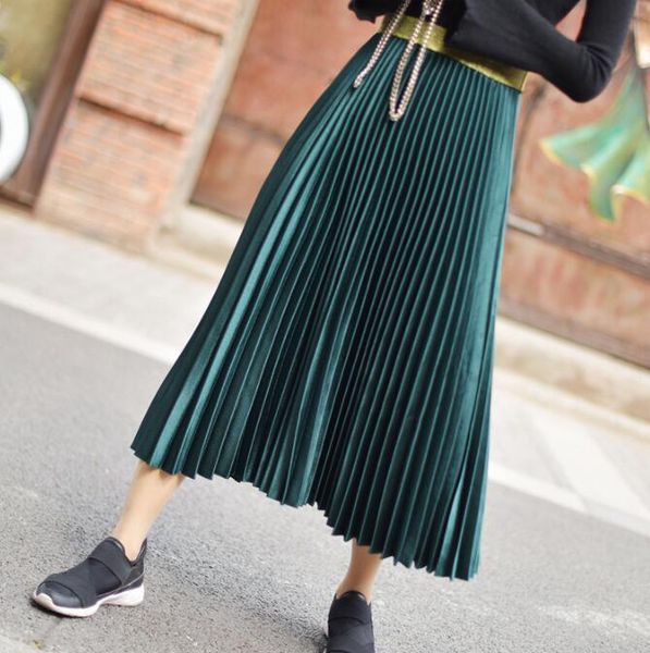 

роскошные женщины дизайнер плиссированные юбки эластичный высокая талия женщины марка длинная юбка женский осень дамы высокое качество midi, Black