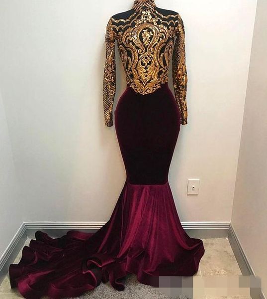 

2019 burgundy high neck prom dresses velvet long sleeves gold appliqued mermaid custom made plus size arabic sweep train evening party gowns, Black
